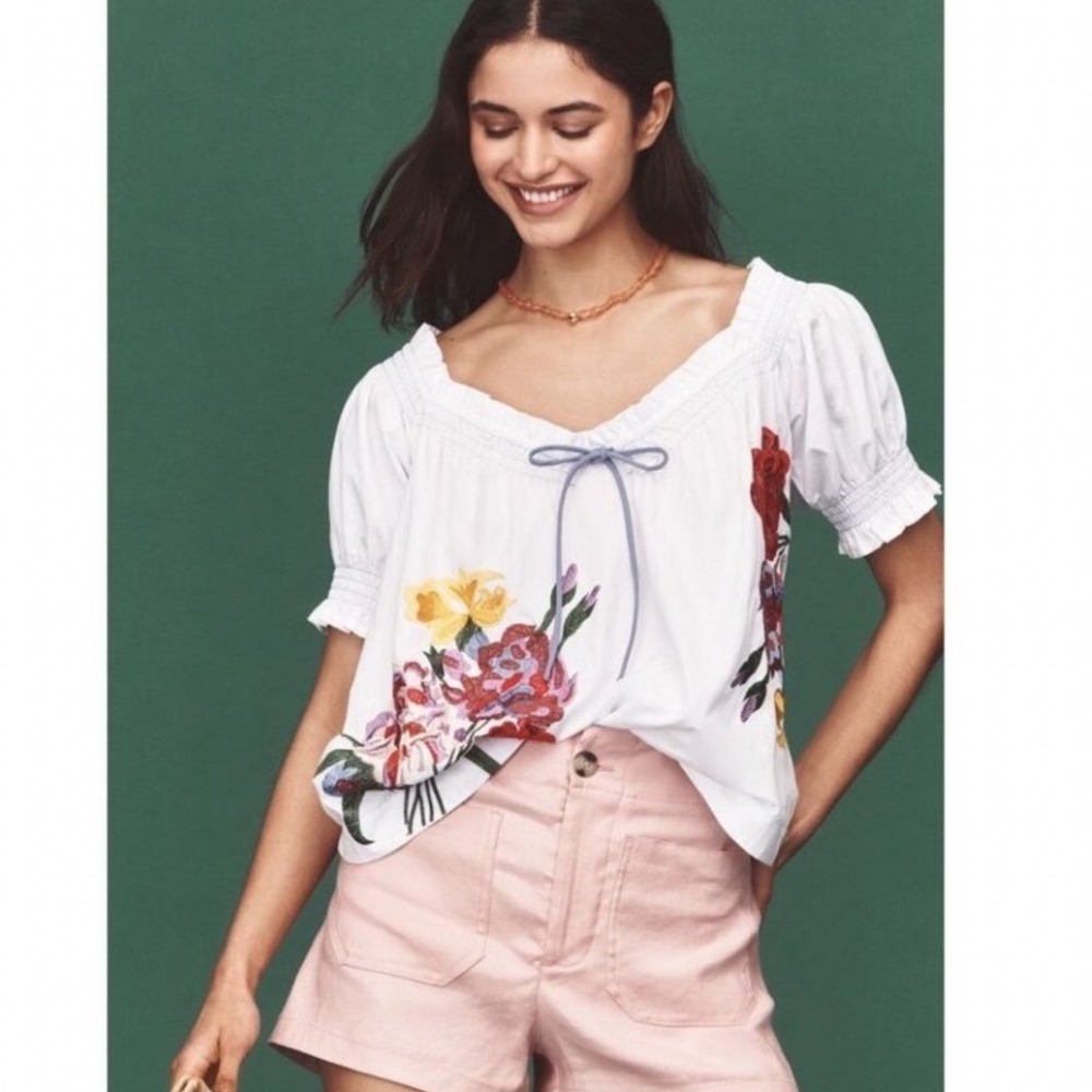 Anthropologie Boho White Floral Puff Sleeve Blouse Embroidered Cotton LP